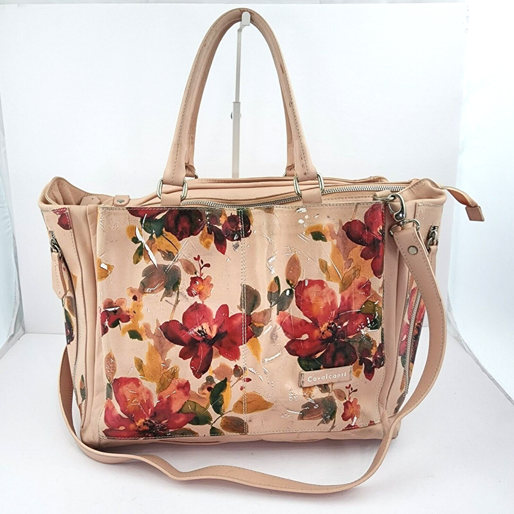 Cavalcanti Italy Used Floral Rose Pink/Multi Leather Large Crossbody Bag/Tote